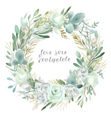 a watercolor wreath made from flowers and leaves on white background