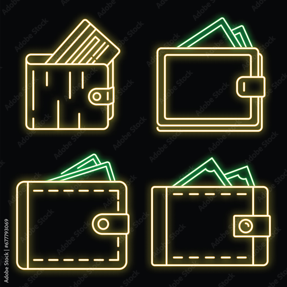 Poster modern wallet icons set. outline set of modern wallet vector icons neon color on black