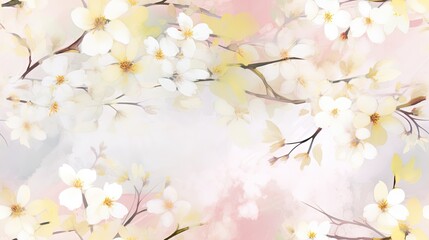  a painting of white and yellow flowers on a pink and white background with a pastel sky in the background.
