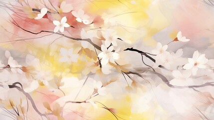  a painting of white and pink flowers on a branch with yellow and pink leaves on a white and yellow background.