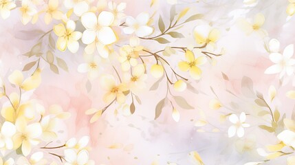  a painting of yellow and white flowers on a pink and white background with a light pink background and white flowers on the right side of the image.