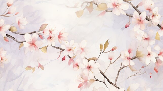  a painting of a branch with white and pink flowers on a light purple background with a light blue sky in the background.