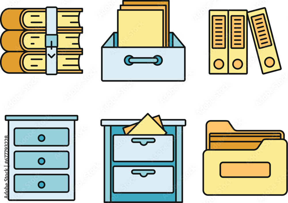 Poster archive library icons set. outline set of archive library vector icons thin line color flat on white