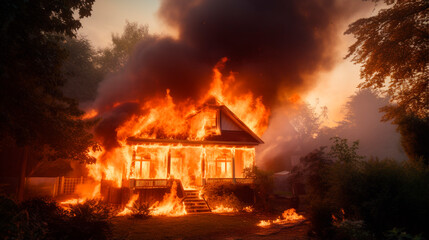 A burning one-story house against the backdrop of a grove and forest