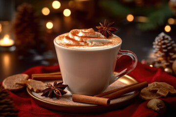 Hot homemade chocolate coffee with spices on Christmas celebration background