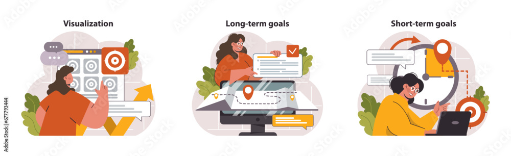 Poster goal setting set. visualization techniques, long term planning, and immediate action steps. women st