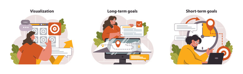 Goal setting set. Visualization techniques, long term planning, and immediate action steps. Women strategizing, prioritizing tasks, mapping journey. Flat vector illustration