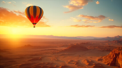 Hot air balloon flying over the desert at sunset.