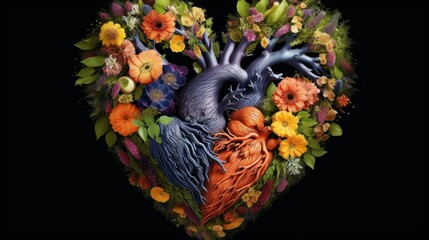 Heart made of flowers on black background. Springtime Concept. Valentine's Day Concept with a Copy Space. Mother's Day