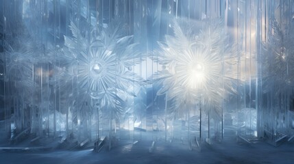  a blue and white photo of snowflakes and a street light in the middle of a snow - covered area.
