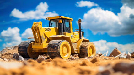 Obraz premium Toy bulldozer on a background of blue sky. Construction equipment.