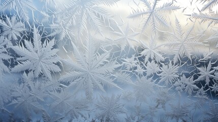  a close up of a frosted window with snow flakes on the outside of the window and a blurry sky in the background.