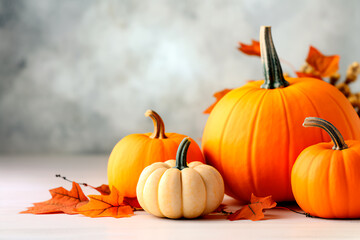 Autumn ambiance: Orange pumpkins and fall leaves on a light surface, creating a warm and seasonal background.

