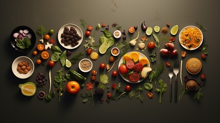  a variety of fruits and vegetables are arranged on a black surface with forks, spoons, and spoons.
