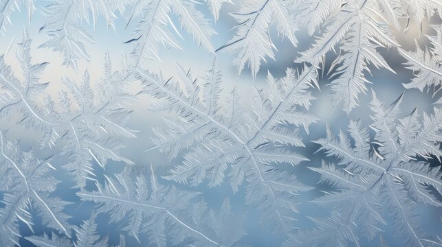  a close up of a frosted window with a blue sky in the back ground and trees in the background.