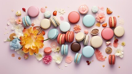  macaroons and macaroons arranged on a pink surface with a flower on the side of the macaroons.