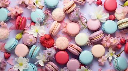 Fototapeta na wymiar macaroons, macaroons, and flowers are scattered on a pastel blue surface with pink and white flowers.