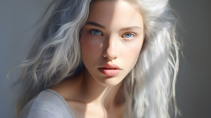 Fototapeta premium 30 year old woman with radiant and fresh skin, photo shoot, beauty model, light background, close-up of face