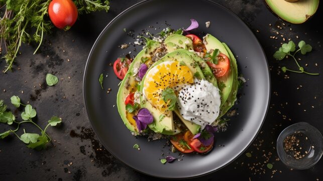  a plate of food on a table with avocado, tomatoes, and an egg on top of it.
