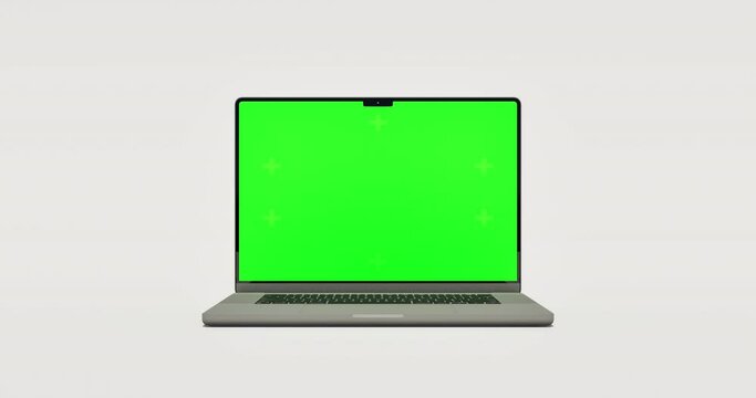 Empty Green Screen Display Laptop for Watching and Paste Background e Business Blog or Gaming App. Copy 3d Pc with Clear Chroma Key for Mockup. Concept Computer Technological on Video Call Close-Up 4k