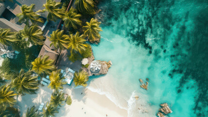 Aerial view of beautiful tropical beach and sea with coconut palm tree - Holiday Vacation concept