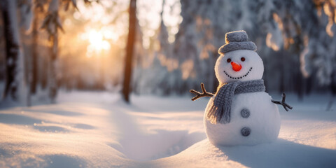 A happy snowman in scarf in winter landscape