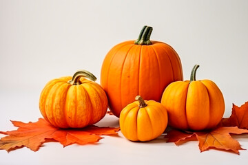 Autumn ambiance: Orange pumpkins and fall leaves on a light surface, creating a warm and seasonal background.

