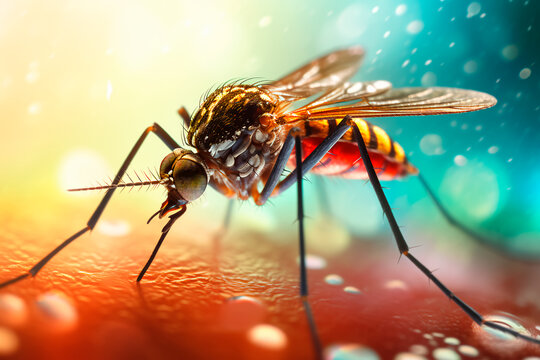 Close-up of a mosquito sucking human blood, highlighting the risk of vector-borne diseases like Dengue, Chikungunya, Mayaro, Rift Valley fever, Yellow fever, and Zika. Bright image. High quality, supe