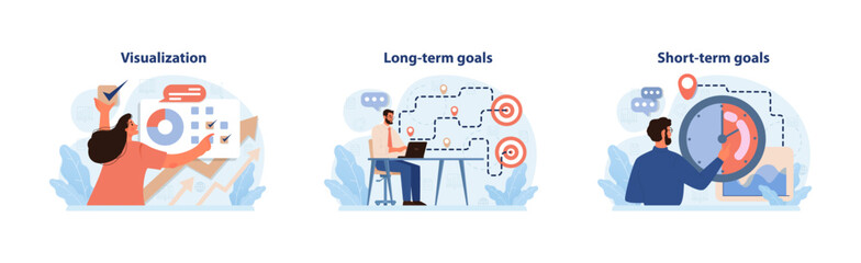 Goal Planning set. Visualization techniques, drafting long-term objectives, and setting immediate priorities. Time management, strategy alignment, and actionable insights. Flat vector illustration