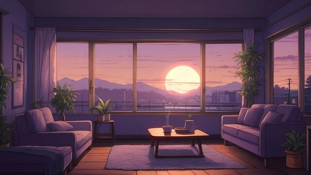 animated virtual backgrounds, stream overlay loop wallpaper, cozy lo-fi living room, vtuber asset twitch zoom OBS screen, anime chill hip hop