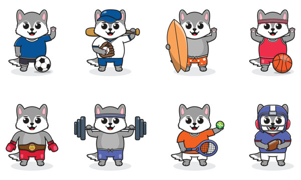 Set of Wolf wearing uniform and using sports equipment. Funny animals doing exercis. Cute cartoon character vector set isolated on a white background. Cartoon animal sport. Wolf cartoon. 