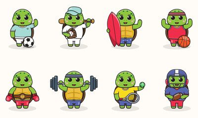 Set of Turtle wearing uniform and using sports equipment. Funny animals doing exercis. Cute cartoon character vector set isolated on a white background. Cartoon animal sport. Turtle cartoon. 