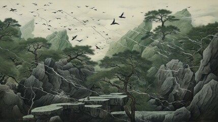  a painting of a mountain scene with birds flying in the sky and rocks in the foreground and trees in the background.