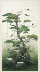  a painting of a tree with birds perched on top of it and a rock in the foreground with a rock in the foreground.