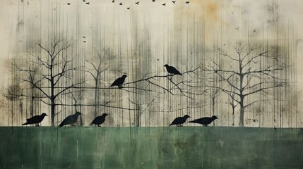  a painting of a group of birds sitting on top of a tree branch in front of a flock of birds.