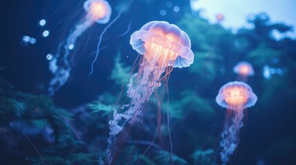  a group of jellyfish floating in a pond of water near a forest filled with lots of green plants and trees.
