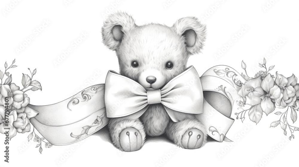 Wall mural  a black and white drawing of a teddy bear with a ribbon around it's neck and flowers around its neck.