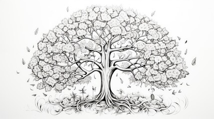  a black and white drawing of a tree with lots of leaves and a lot of birds flying around the tree.
