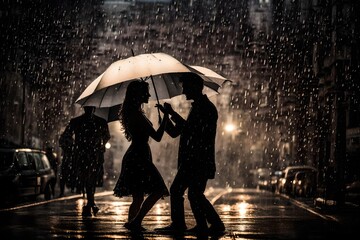 Silhouette of a couple dancing in rain 