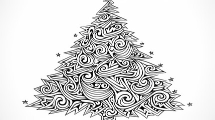  a black and white drawing of a christmas tree with swirls and stars in the shape of a christmas tree.