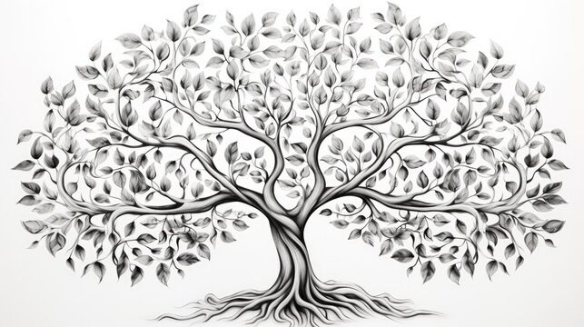  a black and white drawing of a tree with lots of leaves on it's branches and leaves on it's branches.