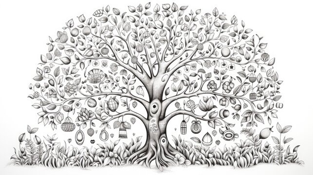  a black and white drawing of a tree with lots of leaves and fruits on it, with a white background.