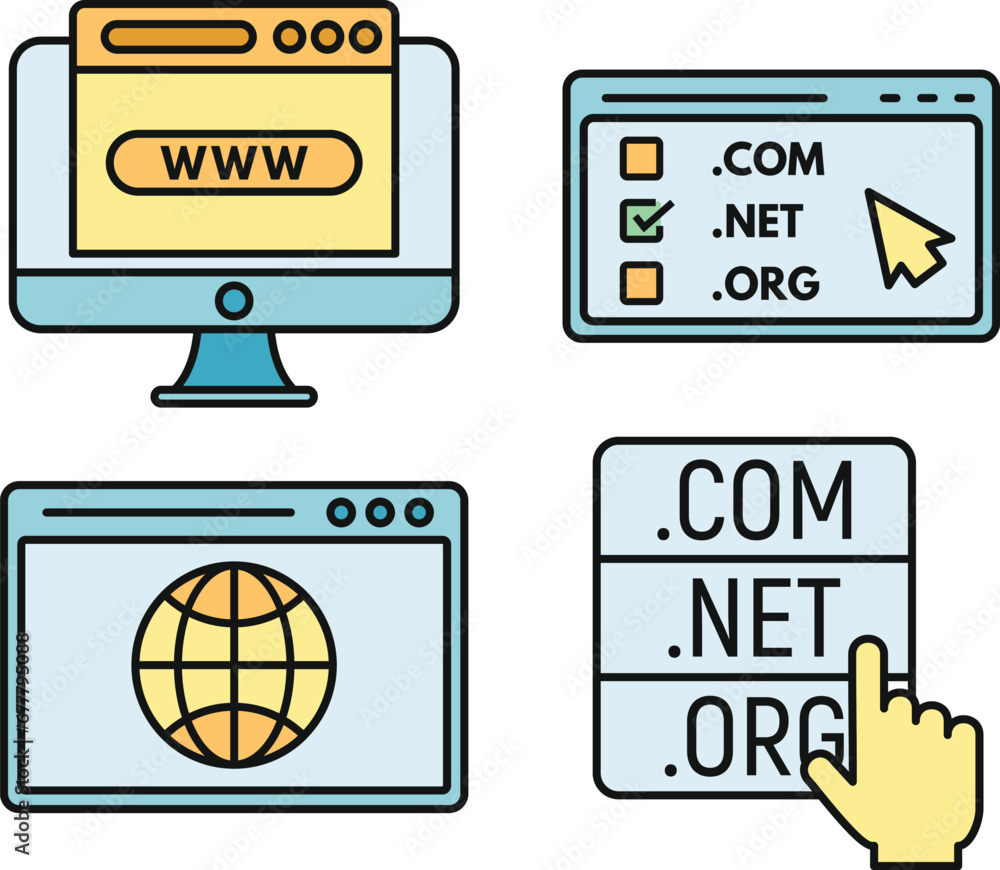 Poster web domain icons set. outline set of web domain vector icons thin line color flat on white