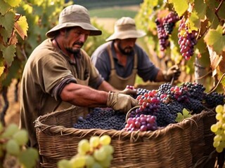 Workers harvesting grapes, a bounty of nature's finest, are ready to craft the essence of exquisite wine.