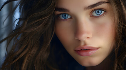 Naklejka premium 30 year old woman with radiant and fresh skin, photo shoot, beauty model, light background, close-up of face