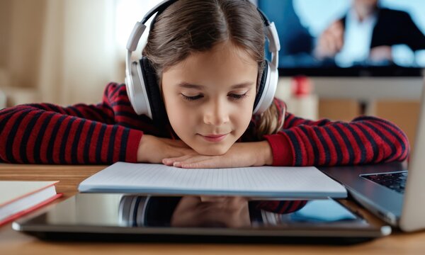 School child studying homework during online lesson at home by laptop with headphones, online education and tutoring concept. close up of school girl