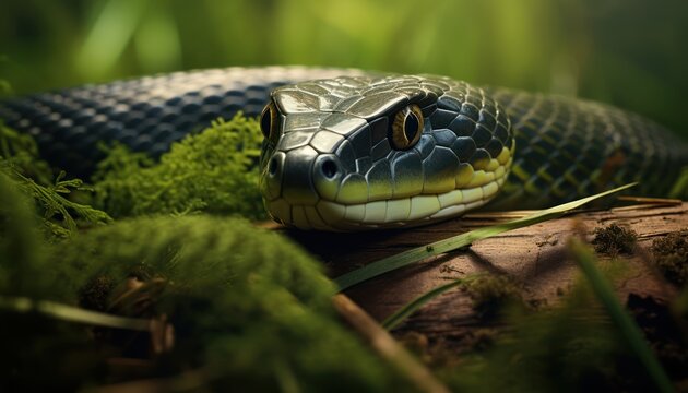 A Serpentine Encounter: A Close-Up of a Grass Snake on a Tree Branch