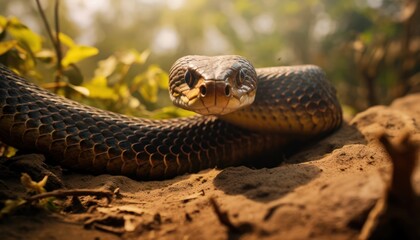 A Curious Brown King Cobra Snake With an Open Mouth, Ready to Strike