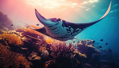 Majestic Manta Ray Gliding Above Vibrant Coral Reef