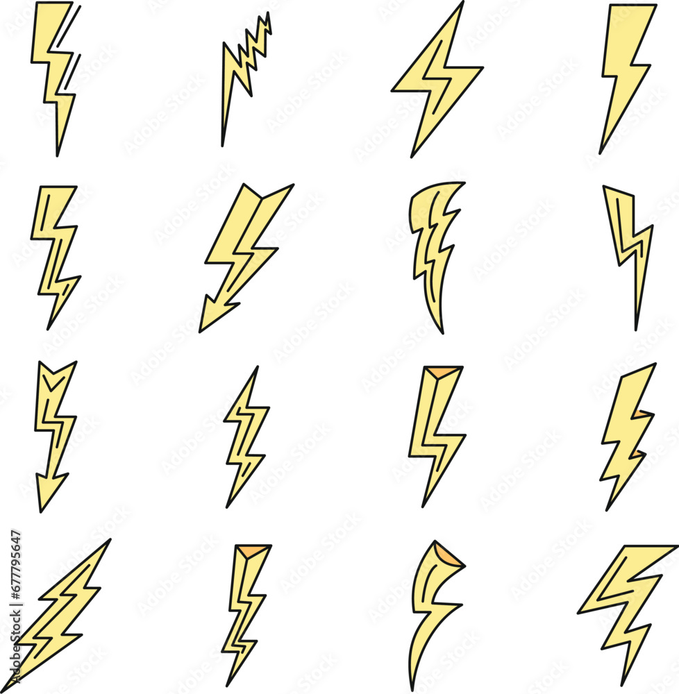 Poster lightning bolt power icons set. outline set of lightning bolt power vector icons thin line color fla